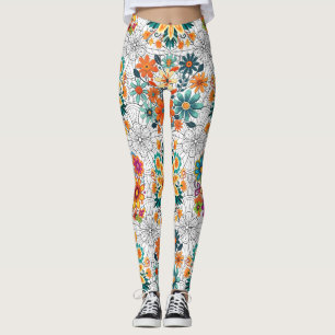 Multi-colours flower pots pattern. black White BG Leggings