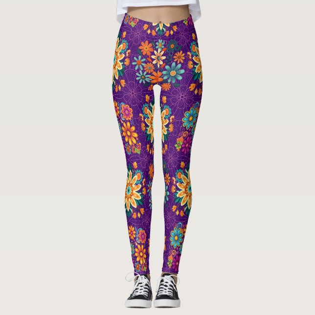 Multi-Colours Flower Pots Pattern - Pink B Purple Leggings (Front)