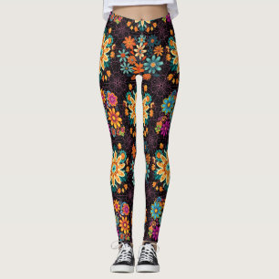 Multi-Colours Flower Pots Pattern - Pink Black BG Leggings