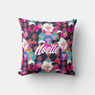 Multi-Cultural Women's Faces Pattern, Your Name Cushion