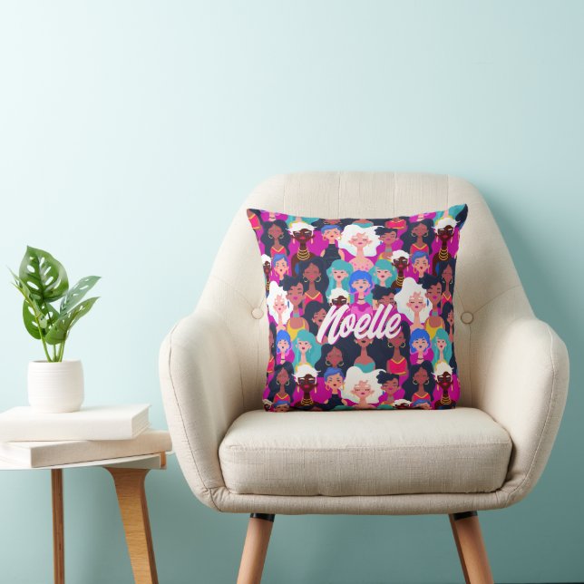 Multi-Cultural Women's Faces Pattern, Your Name Cushion (Chair)