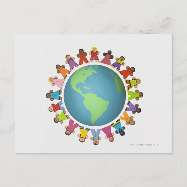Multi ethnic figurines encircle the globe postcard (Front)