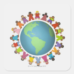 Multi ethnic figurines encircle the globe square sticker