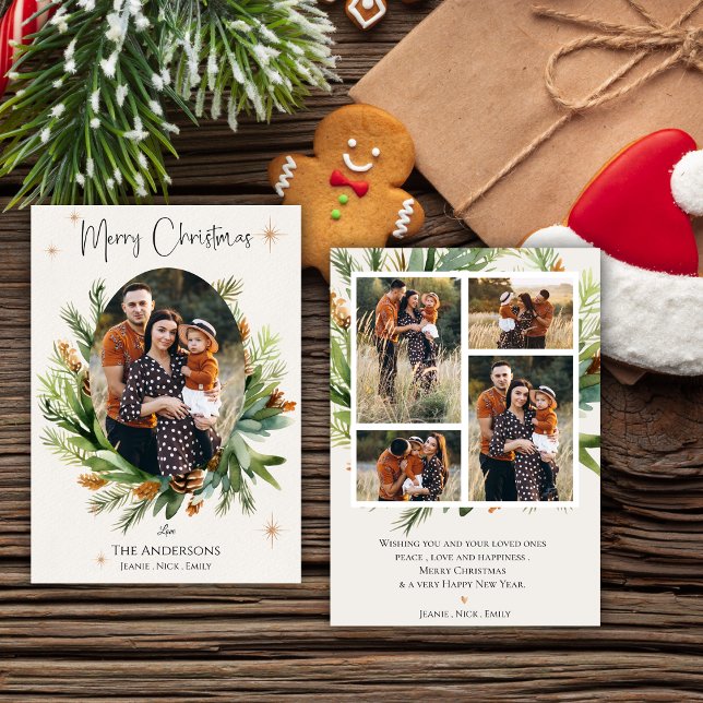 Multi Family Photos Green Leaves Merry Christmas Holiday Card (Multi Family Photos Green Leaves Merry Christmas Holiday Card)