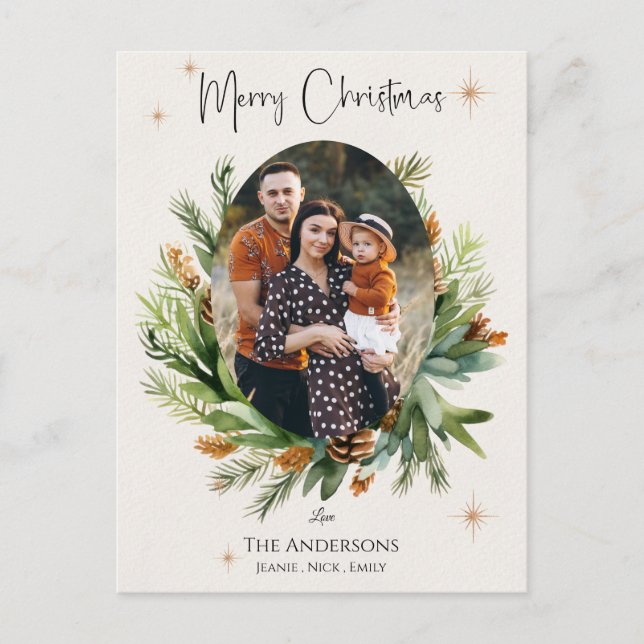 Multi Family Photos Green Leaves Merry Christmas Holiday Postcard (Front)
