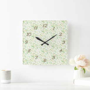 Multi Green Nature Fern Leaf Pattern  Square Wall Clock