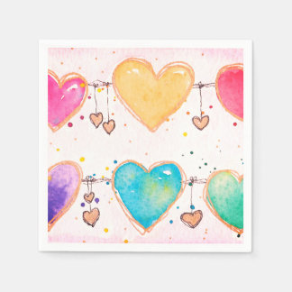 Multi Heart Watercolor Valentine Cocktail Napkin