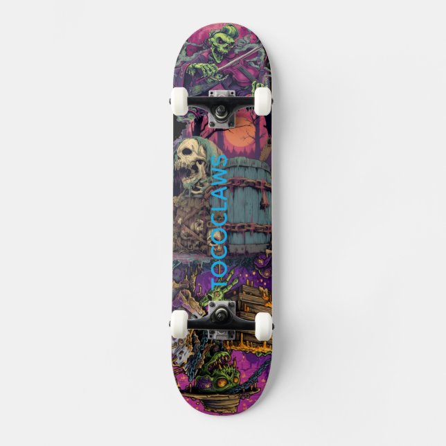 Multi-Panel Zombie Samurai & Chained Barrel Horror Skateboard (Front)