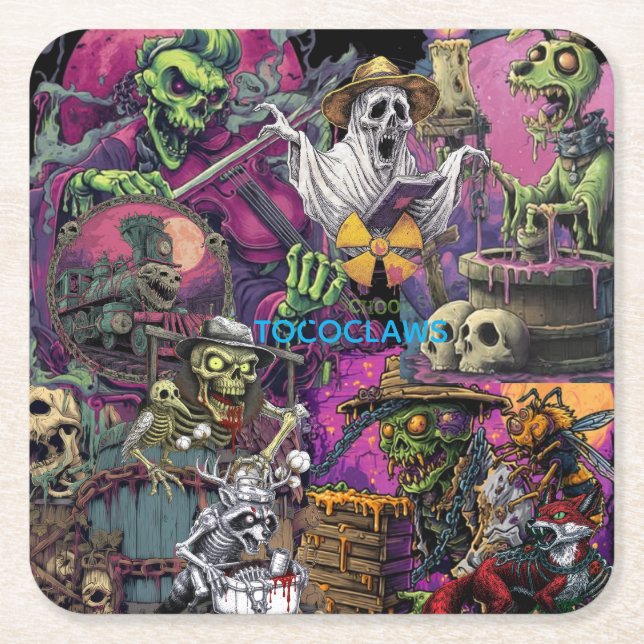 Multi-Panel Zombie Samurai & Chained Barrel Horror Square Paper Coaster (Front)