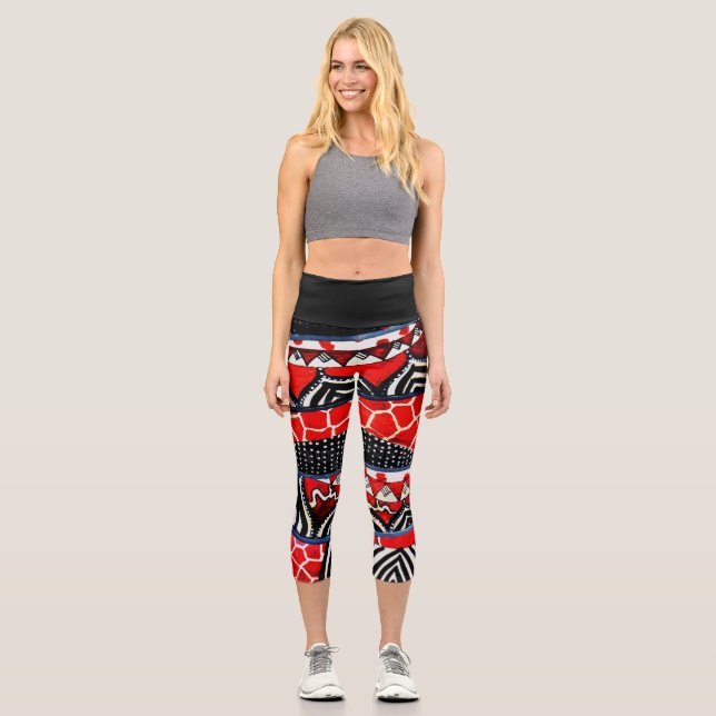 Multi Pattern Red and Black High Waisted Capri (Front)