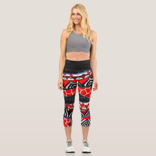 Multi Pattern Red and Black High Waisted Capri Leggings