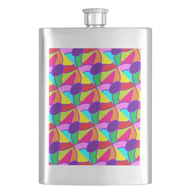 Multi patterned purple border spiral art hip flask (Front)