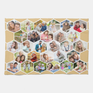 Multi Photo 28 Picture Honey Beige Honeycomb Tea Towel