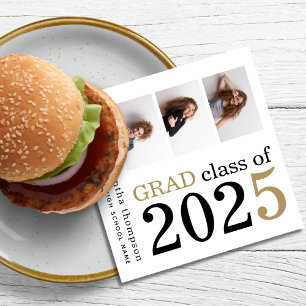 Multi photo Black Gold Text White 2025 Graduation  Napkin