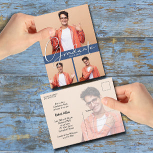 Multi Photo Blue Graduation Party Invitation Postcard