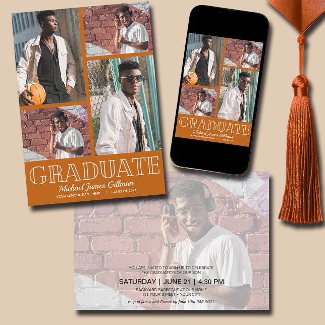 Multi Photo Burnt Orange Graduation Party Invitation (Multi Photo Burnt Orange Graduation Party Invitations - PRINTED and/or INSTANT DOWNLOAD)