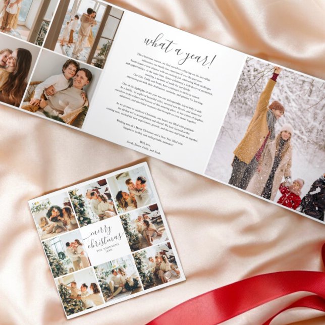 Multi Photo Calligraphy Merry Christmas White Tri-Fold Holiday Card (Creator Uploaded)