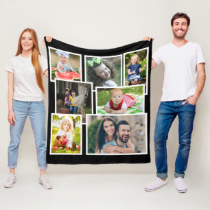 Multi Photo Collage 7 Pictures Black Modern Fleece Blanket