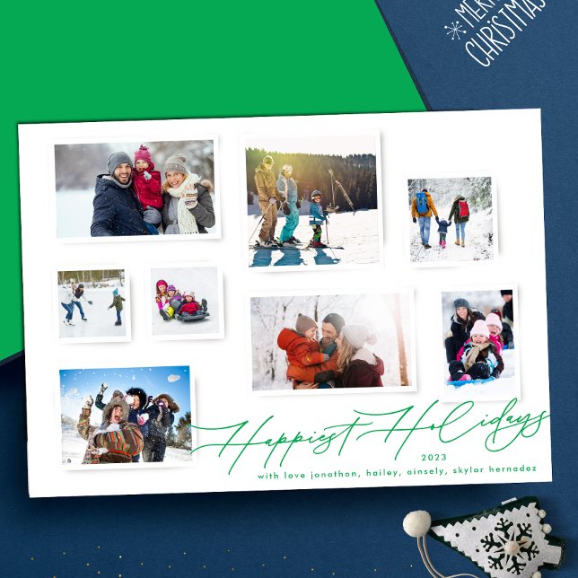 Multi Photo Collage Christmas Green Elegant Happy Holiday Card (Creator Uploaded)