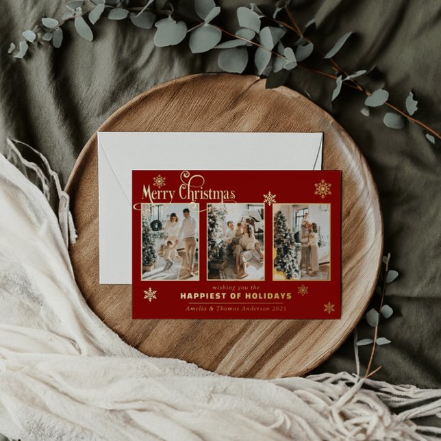 Multi Photo Collage Family Red Gold Foil Snow Foil Holiday Card (Creator Uploaded)