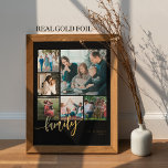 Multi photo collage family script modern foil prints<br><div class="desc">Elegant modern family gold foil handwritten calligraphy script with six custom photos solid black keepsake poster template.              Please note that the background colour is changeable. You can replace the black with any other colour after selecting CUSTOMIZE option.</div>