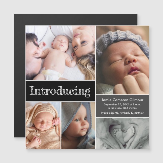 Multi photo collage Introducing baby birth Magneti Magnetic Invitation (Front/Back)