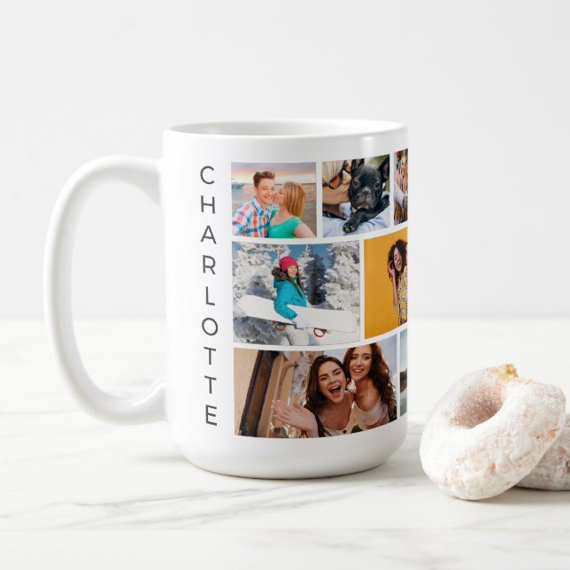 Multi Photo Collage Modern Personalised Name Coffee Mug (With Donut)