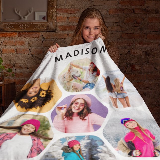 Multi Photo Collage Modern Personalised Name  Fleece Blanket (Creator Uploaded)