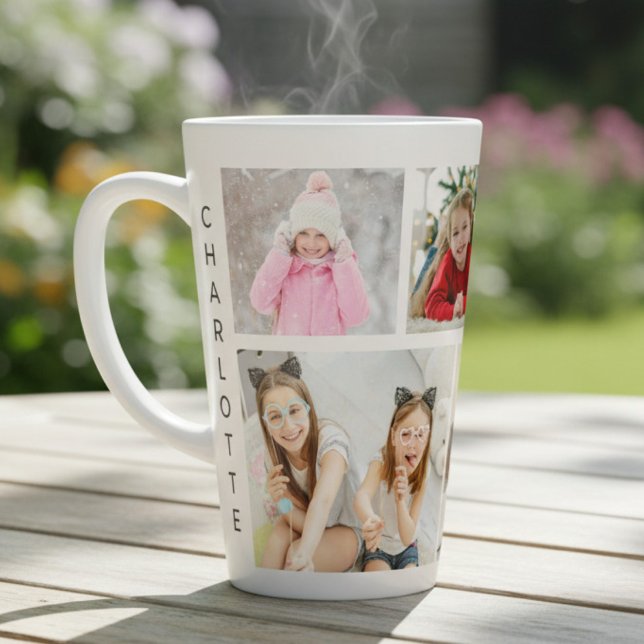 Multi Photo Collage Modern Personalised Name Latte Mug (Creator Uploaded)
