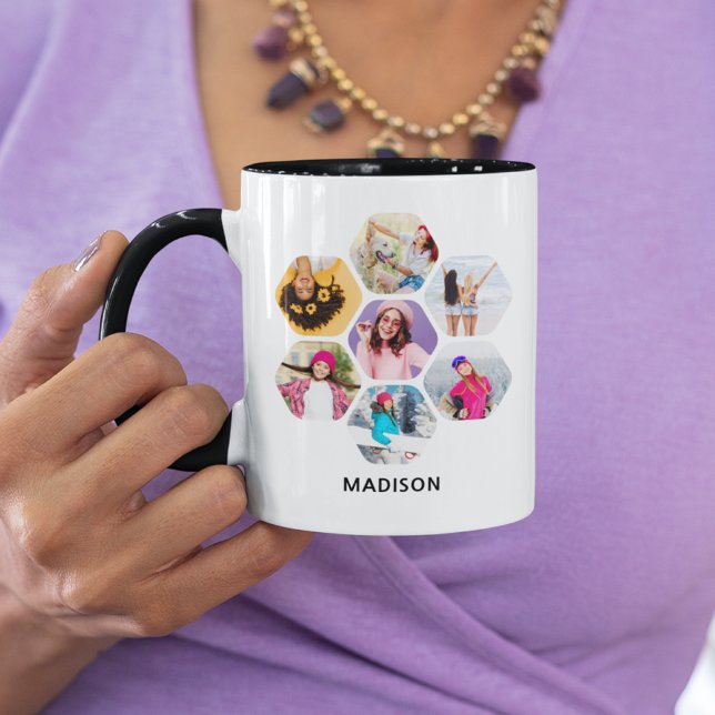 Multi Photo Collage Modern Personalised Name Mug (Creator Uploaded)