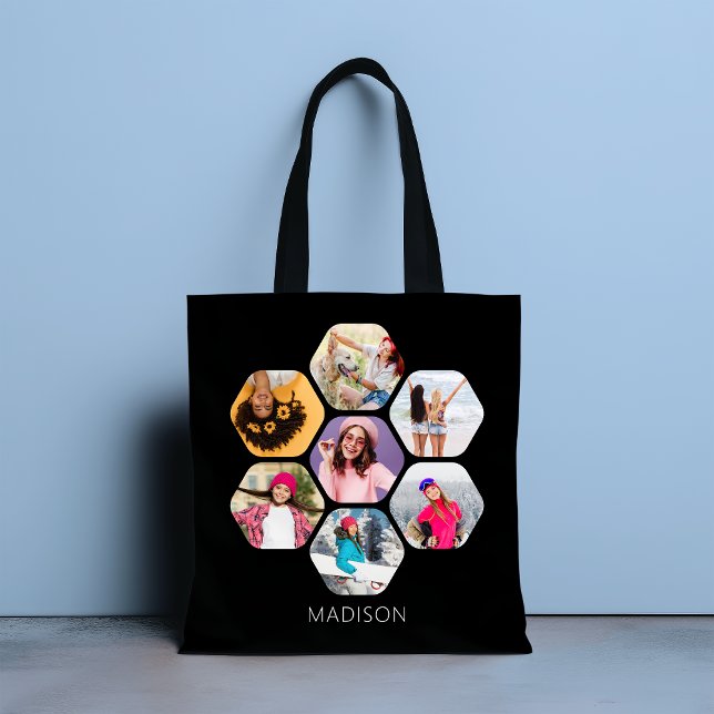 Multi Photo Collage Modern Personalised Name Tote Bag (Creator Uploaded)