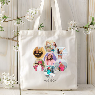 Multi Photo Collage Modern Personalised Name Tote Bag