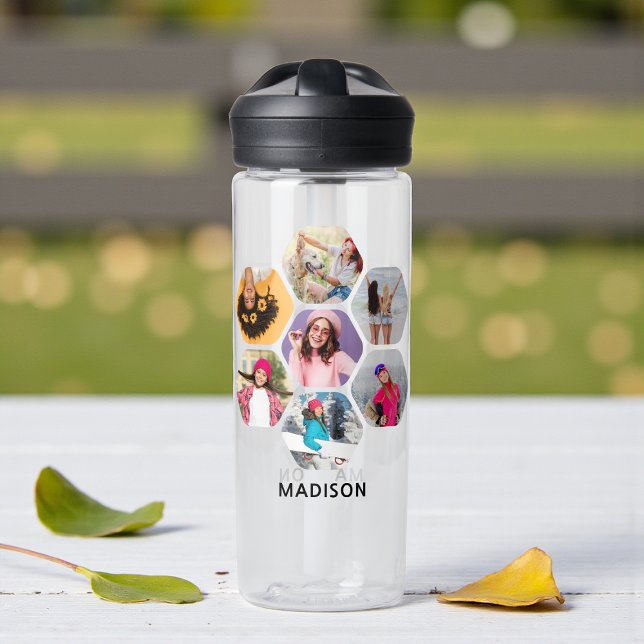Multi Photo Collage Modern Personalised Name Water Bottle (Creator Uploaded)
