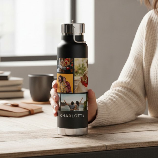 Multi Photo Collage Modern Personalised Name Water Bottle (Creator Uploaded)