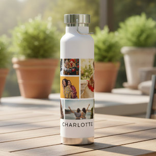 Multi Photo Collage Modern Personalised Name Water Bottle