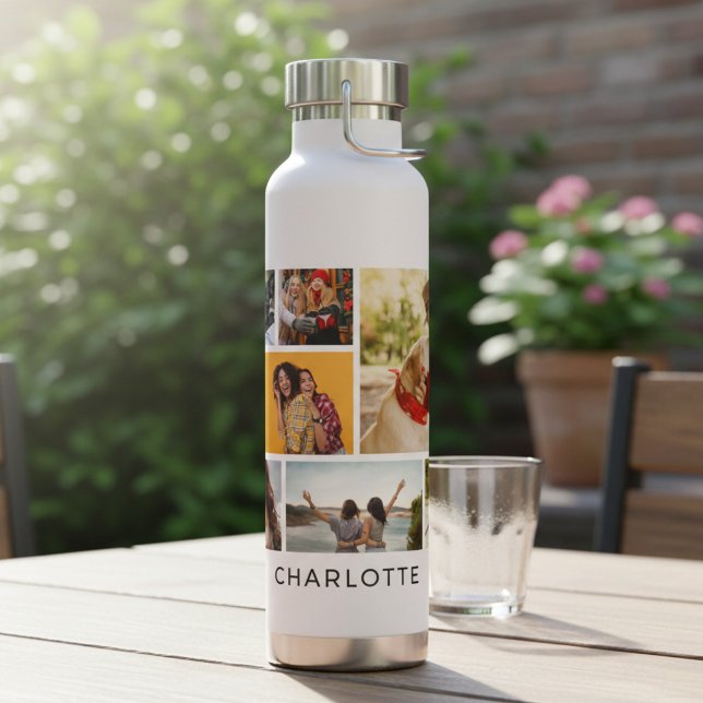 Multi Photo Collage Modern Personalised Name Water Bottle (Creator Uploaded)