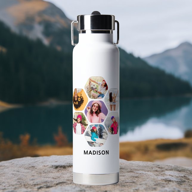 Multi Photo Collage Modern Personalised Name  Water Bottle (Creator Uploaded)