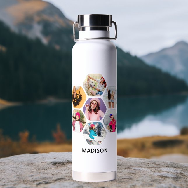 Multi Photo Collage Modern Personalised Name Water Bottle (Creator Uploaded)