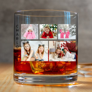 Multi Photo Collage Modern Personalised Name Whiskey Glass