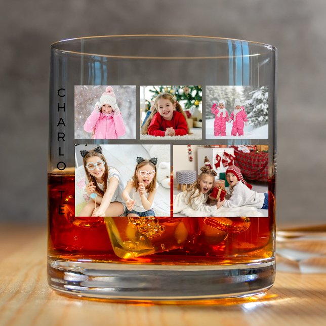 Multi Photo Collage Modern Personalised Name Whiskey Glass (Creator Uploaded)