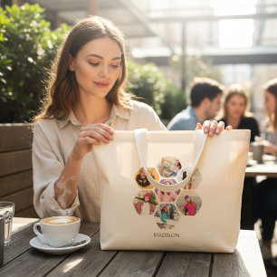 Multi Photo Collage Modern Personalized Name Large Tote Bag