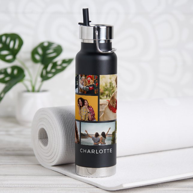 Multi Photo Collage Modern Personalized Name Water Bottle (Yoga)