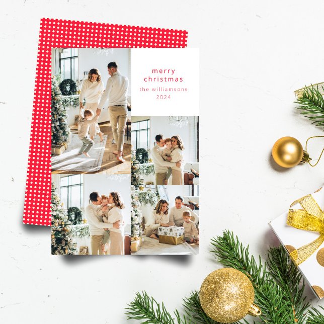 Multi Photo Collage Red Polka Dots Retro Christmas Holiday Card (Creator Uploaded)