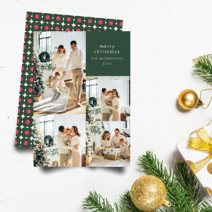 Multi Photo Collage Retro Green Floral Christmas Holiday Card