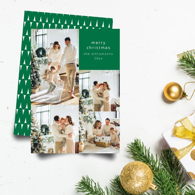 Multi Photo Collage Retro Green Pattern Christmas Holiday Card (Creator Uploaded)
