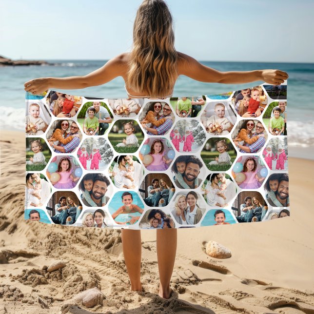 Multi Photo Collage Simple Modern Hexagon Pattern Beach Towel (Creator Uploaded)