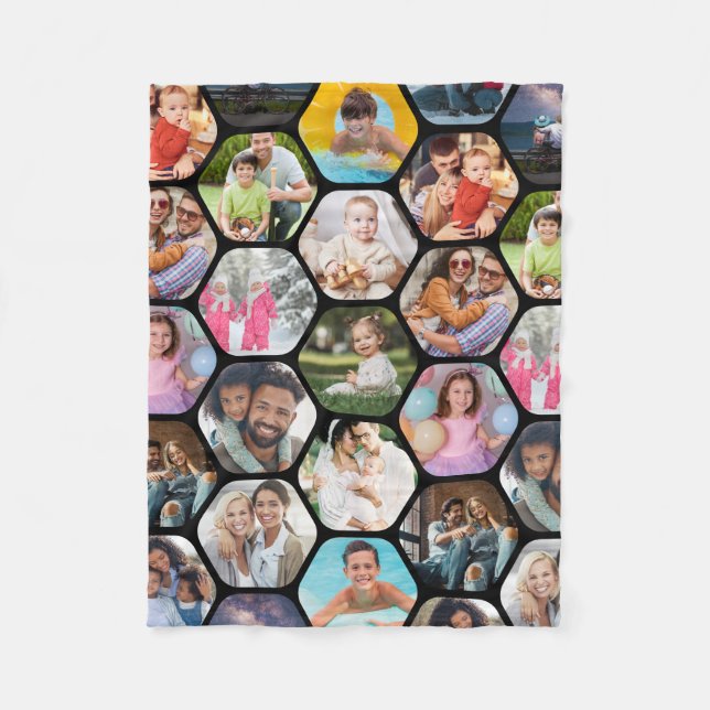 Multi Photo Collage Simple Modern Hexagon Pattern Fleece Blanket (Front)