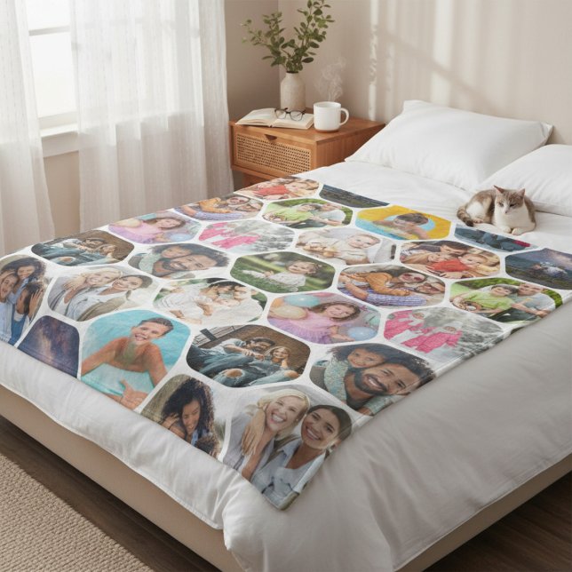 Multi Photo Collage Simple Modern Hexagon Pattern Fleece Blanket (Creator Uploaded)