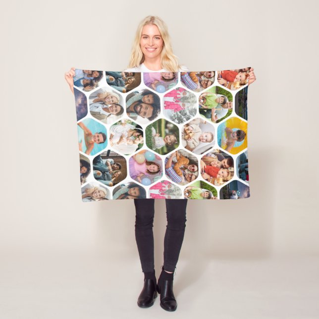 Multi Photo Collage Simple Modern Hexagon Pattern Fleece Blanket (In Situ)