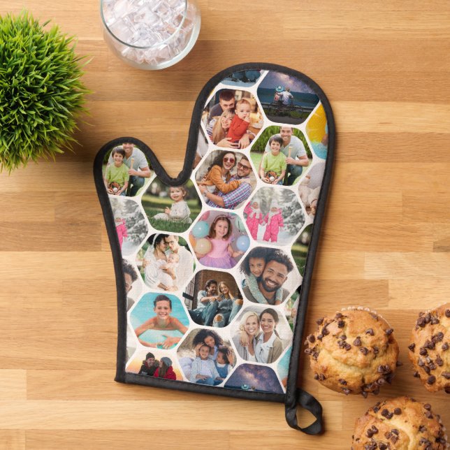 Multi Photo Collage Simple Modern Hexagon Pattern Oven Mitt (Top down)